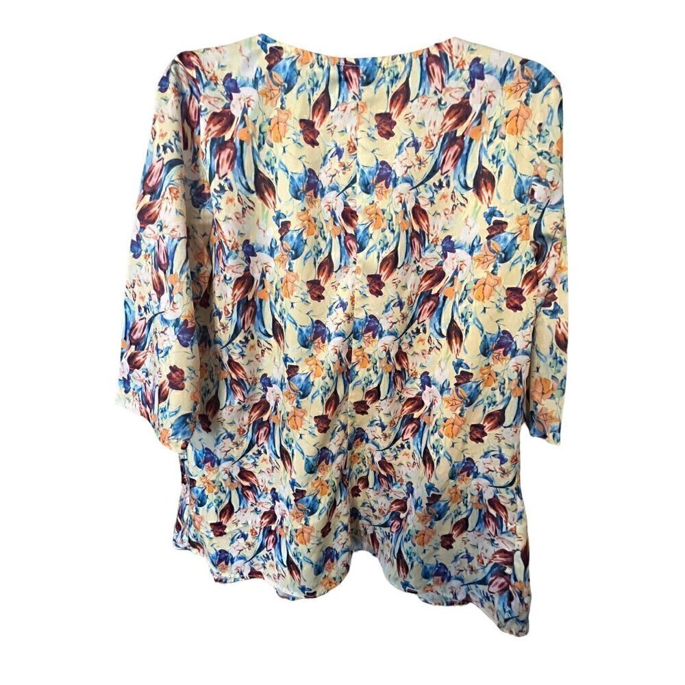 Women's Pullover Reborn Blouse, Large. Yellow, Blue, Browns. 3/4 Sleeves - Picture 2 of 6
